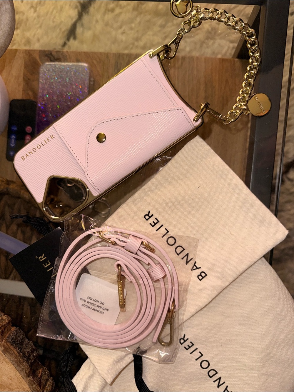 Bandolier Pink Leather Crossbody Phone Case with Gold Chain and Strap iPhone 17